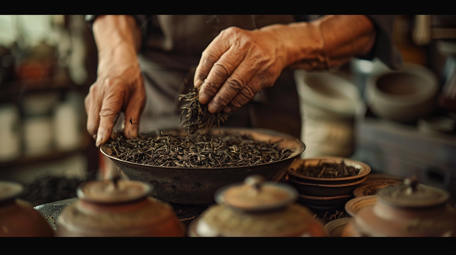 Hands preparing loose leaf tea in a rustic setting with clay pots.