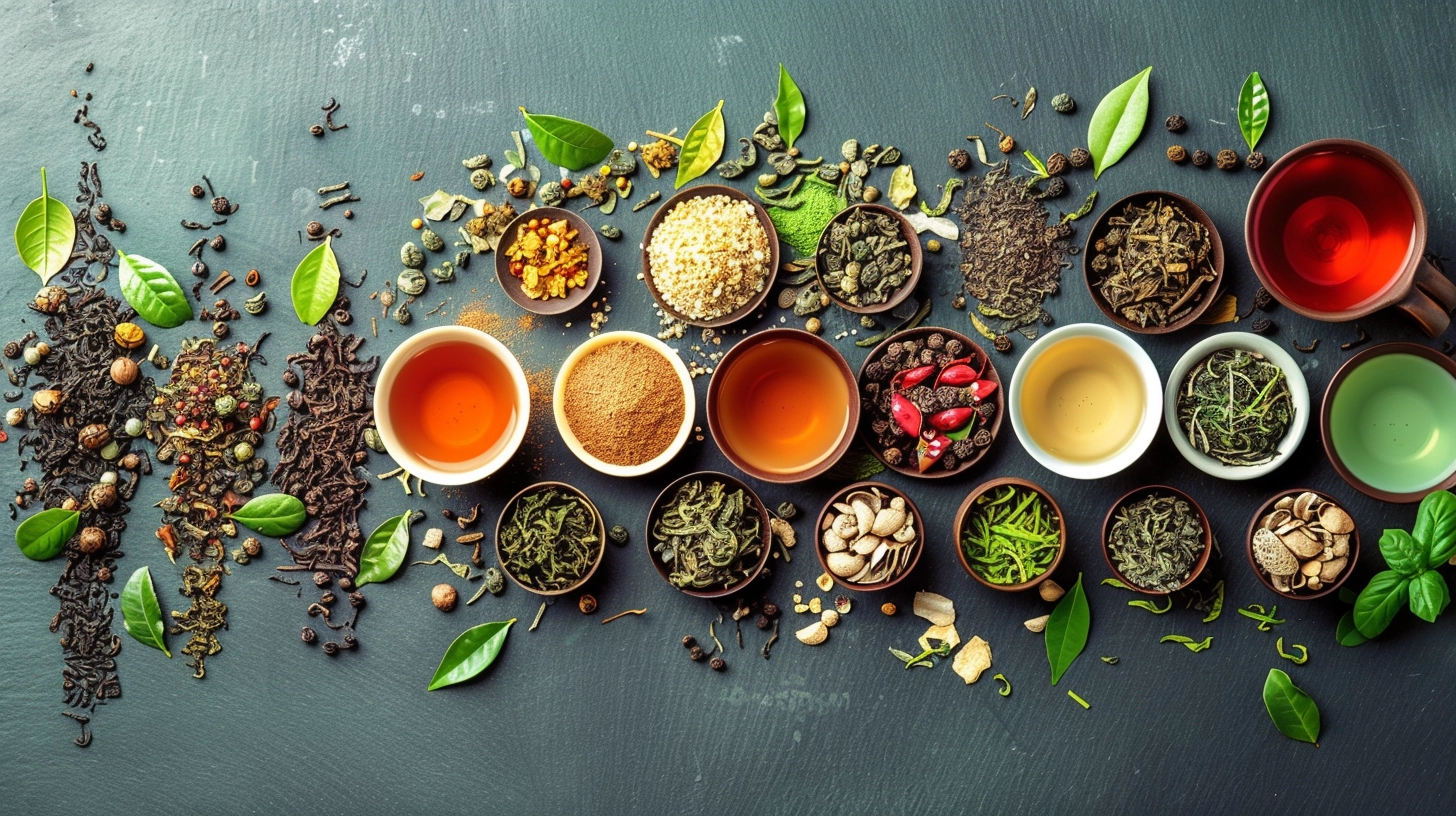 Assorted teas and herbs in bowls on a dark surface, with scattered leaves and spices.