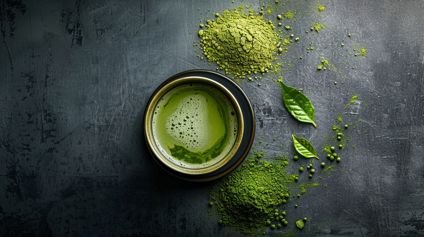 Matcha tea in a bowl with green powder and leaves on a dark textured surface.