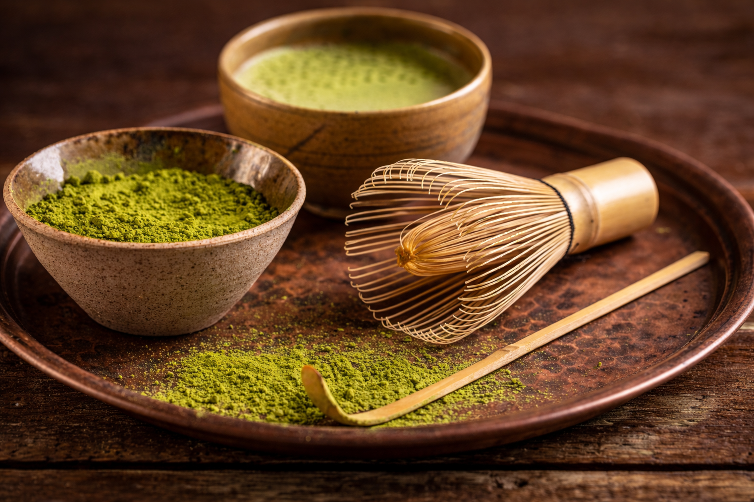 matcha, whisking the powder with hot water
