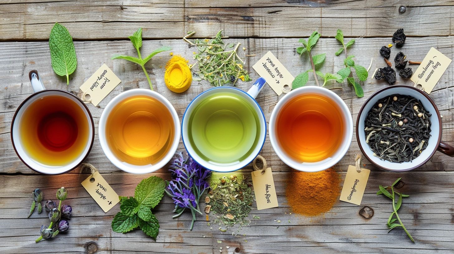 Five cups of herbal tea with ingredients, labels, and spices on a wooden table.