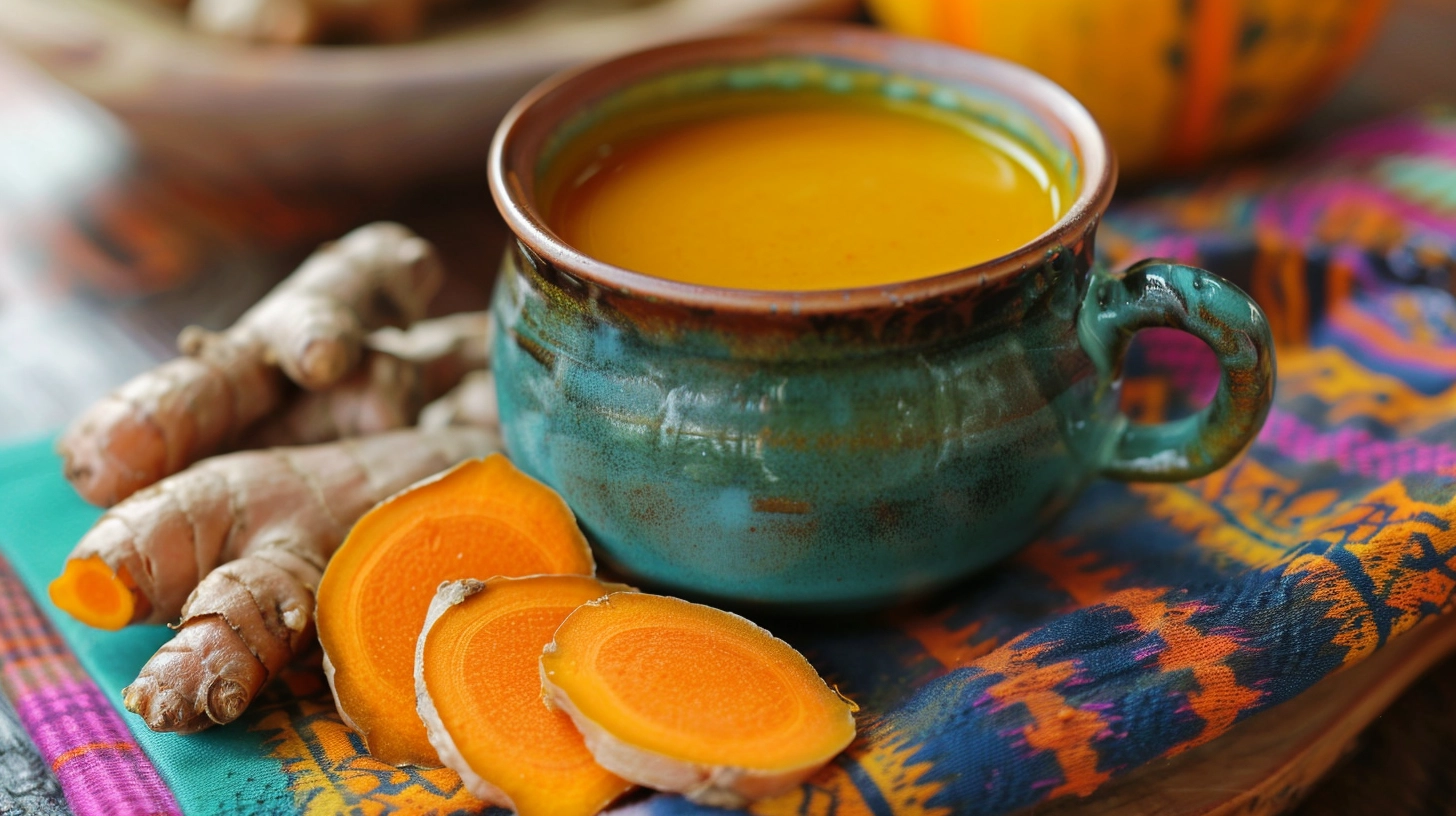 Turmeric tea in a green mug with fresh turmeric roots and slices on a colorful cloth.