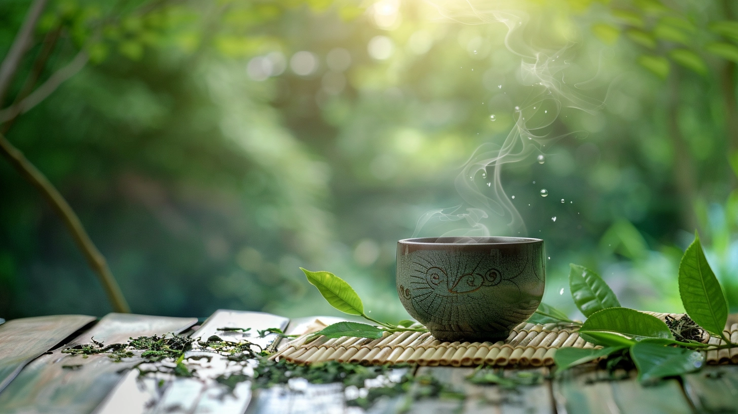 Steaming cup of tea on a bamboo mat surrounded by tea leaves, with a lush green background.