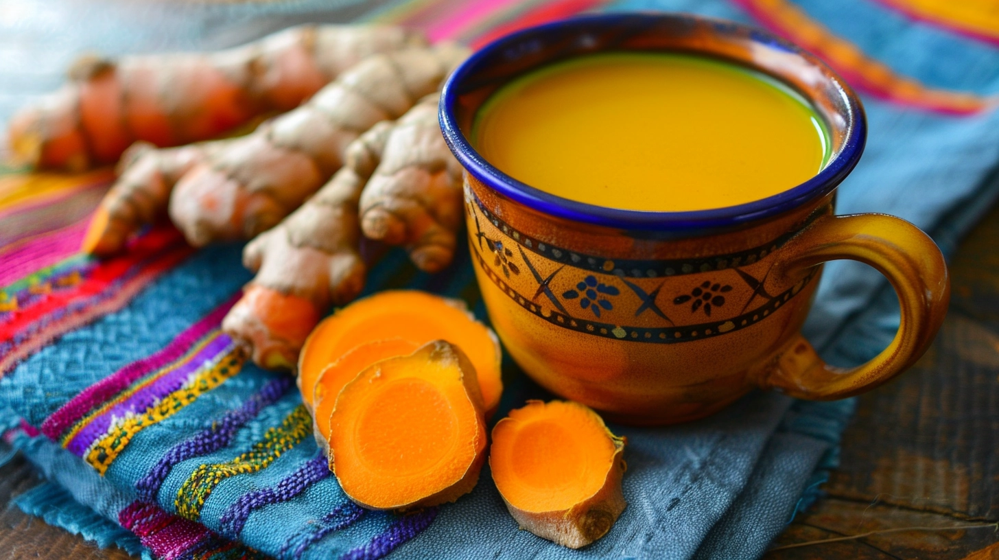 Turmeric tea in a decorative mug with fresh turmeric roots and slices on colorful fabric.