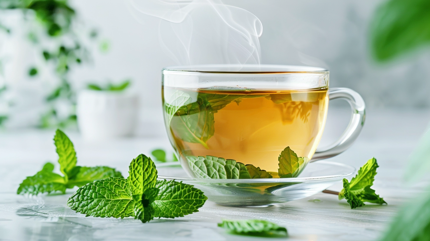 Steaming cup of mint tea with fresh mint leaves on a white table.