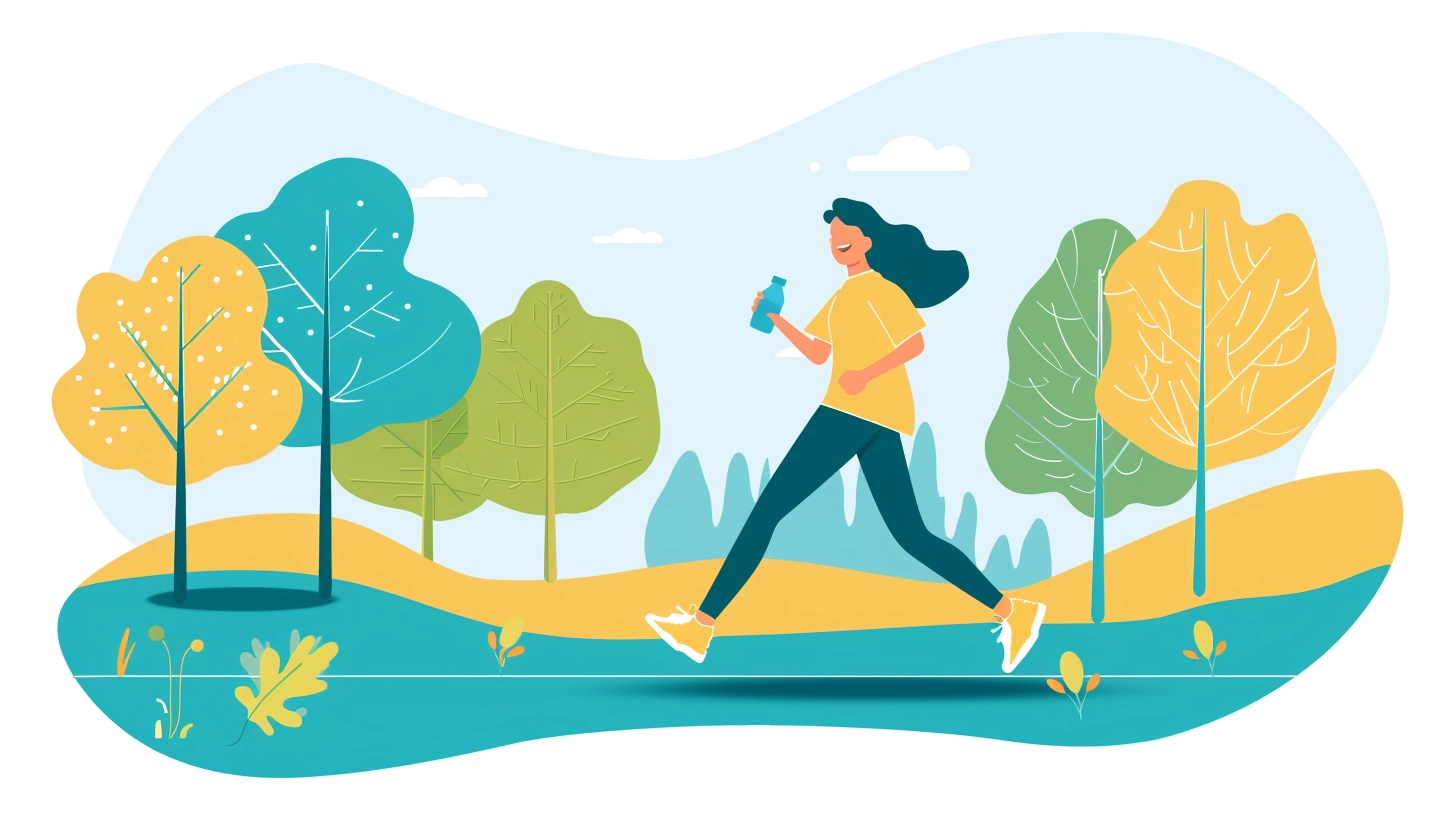 Woman jogging with a water bottle in a colorful park setting.