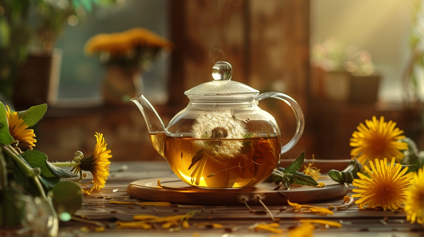 Glass teapot with dandelion tea surrounded by fresh dandelions in warm sunlight.