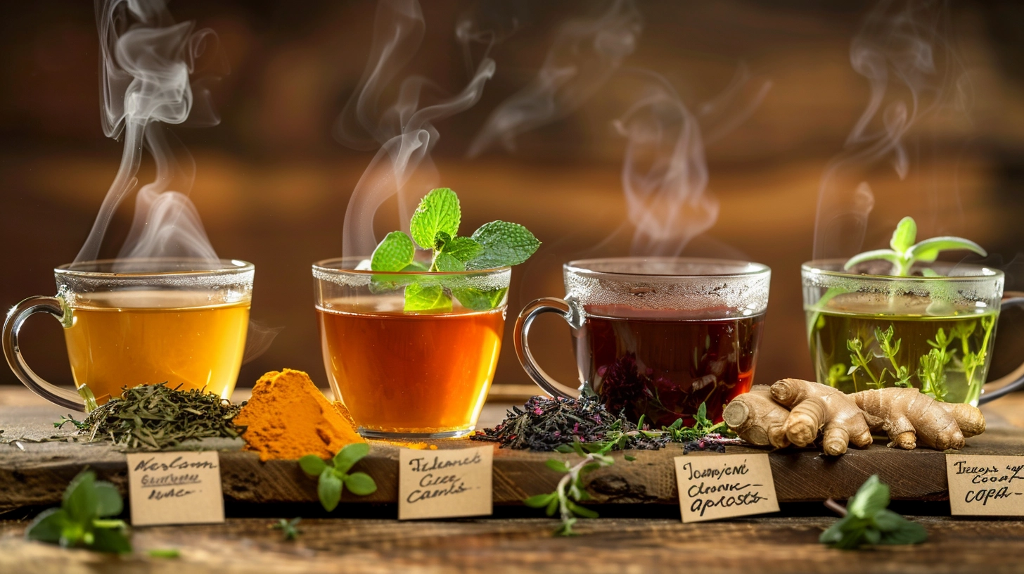 Four steaming cups of tea with herbs and spices, labeled with ingredients like ginger and mint.