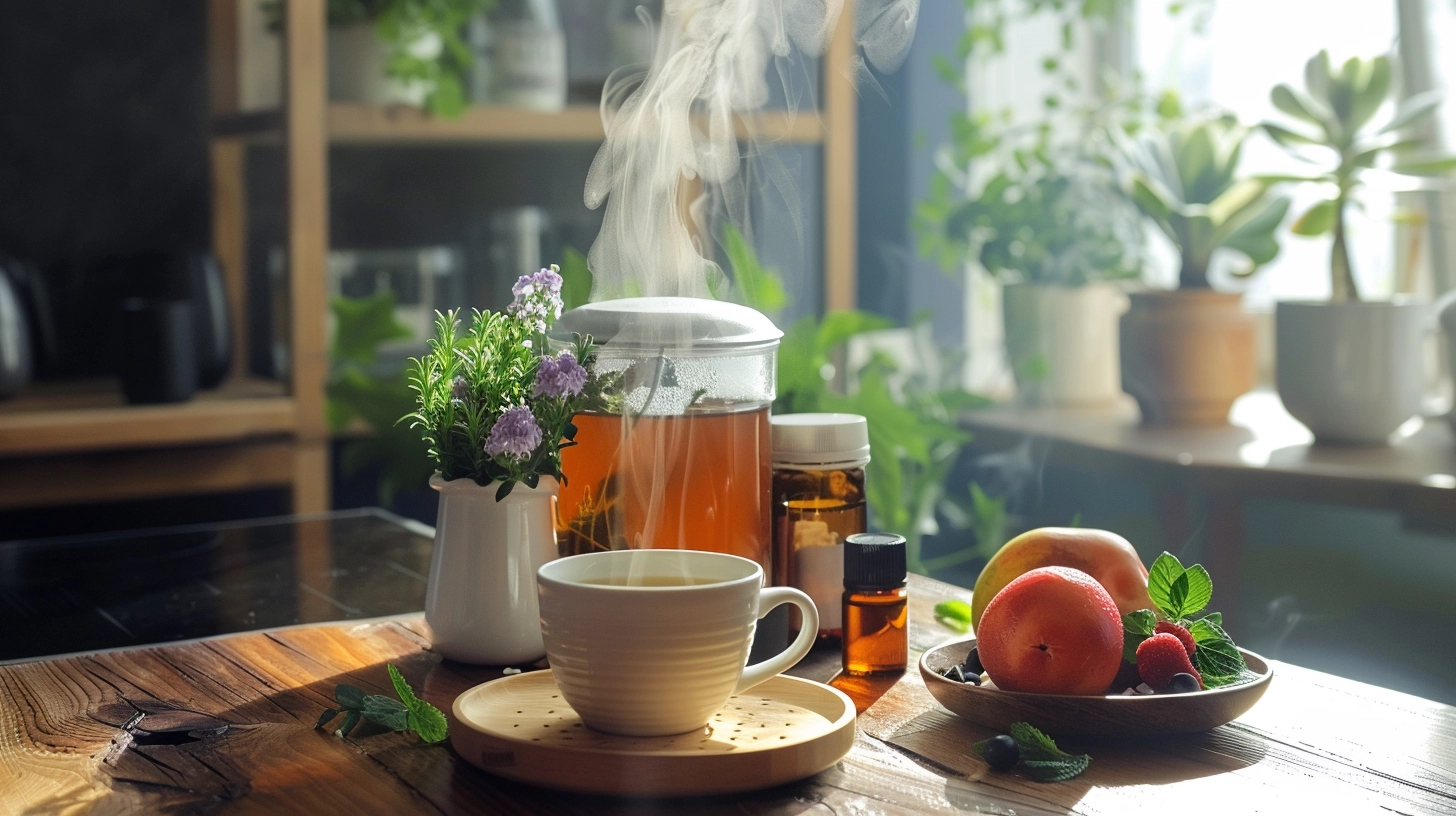 Steaming tea with herbs, fruit, and essential oils on a wooden table, surrounded by plants.