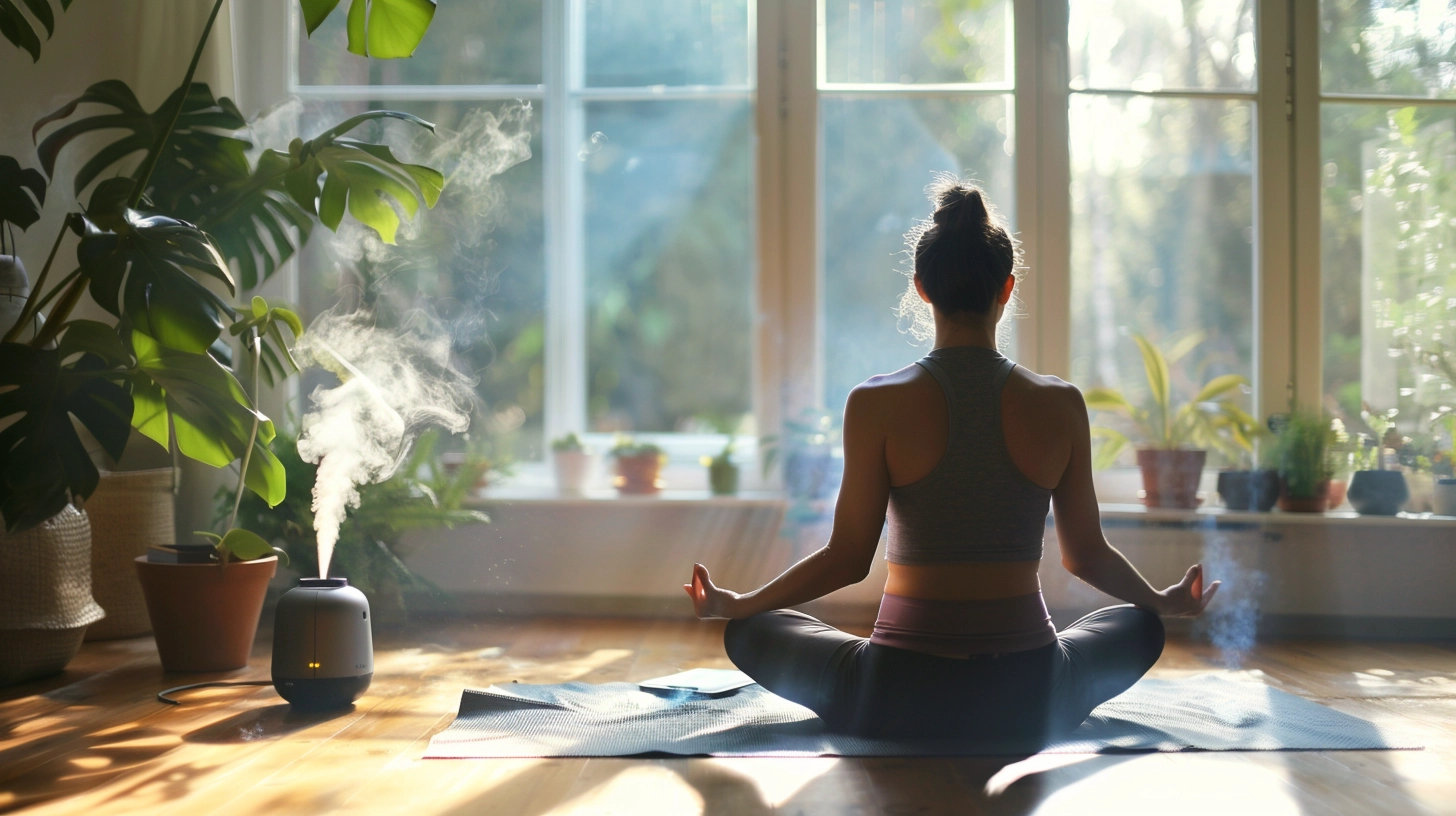 Woman meditating on a yoga mat in a sunlit room with plants and a diffuser.