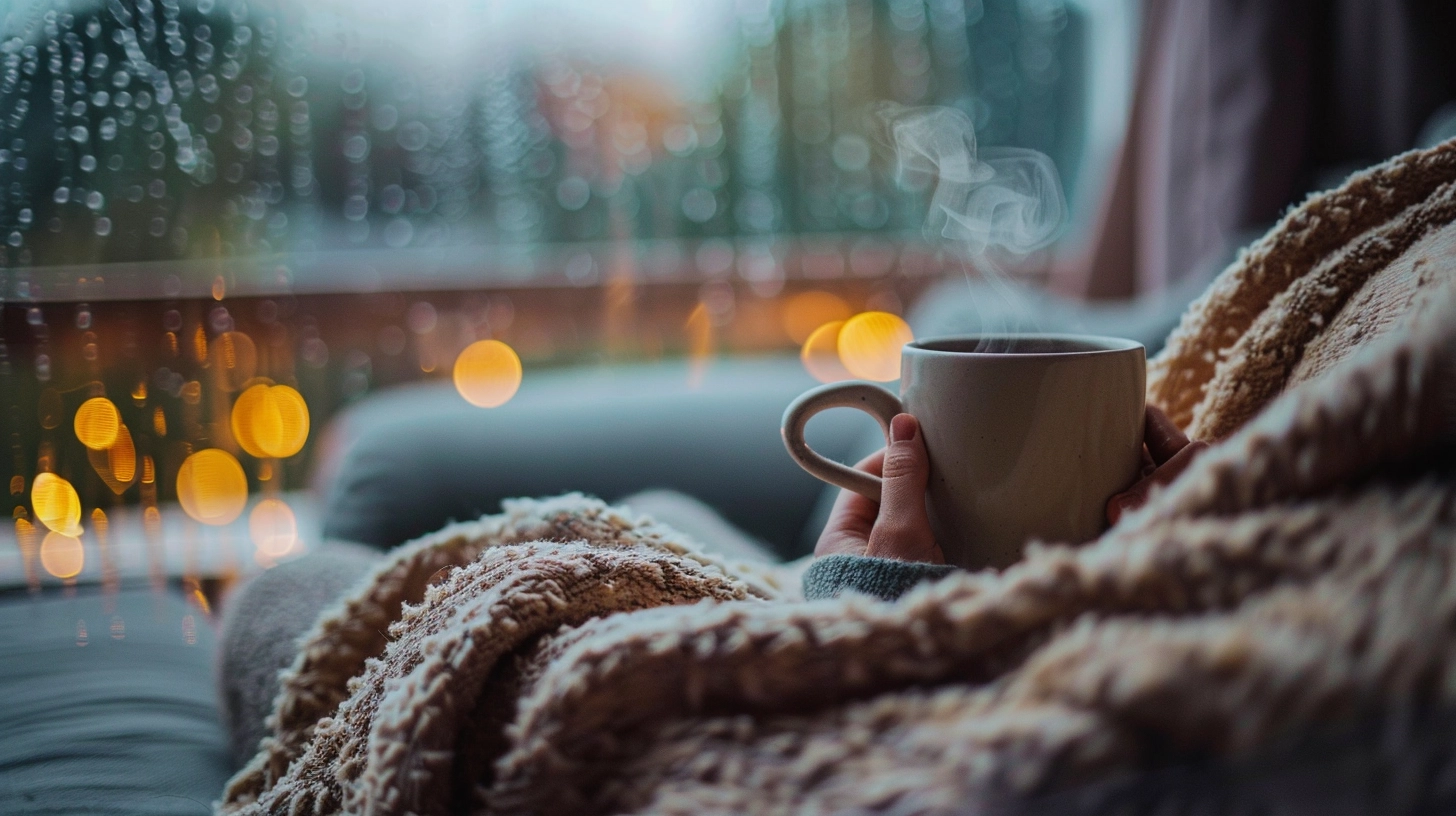 Cozy scene with a person holding a steaming mug, wrapped in a blanket, with a rainy window view.