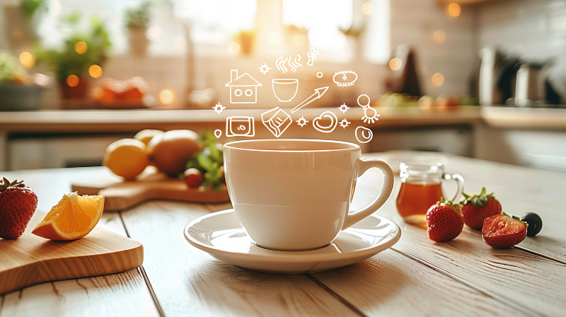 White teacup on a kitchen table with fruits and wellness icons floating above.