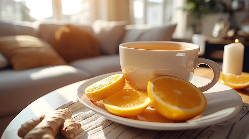 Cup of tea with lemon slices on a plate, ginger beside, cozy living room background.