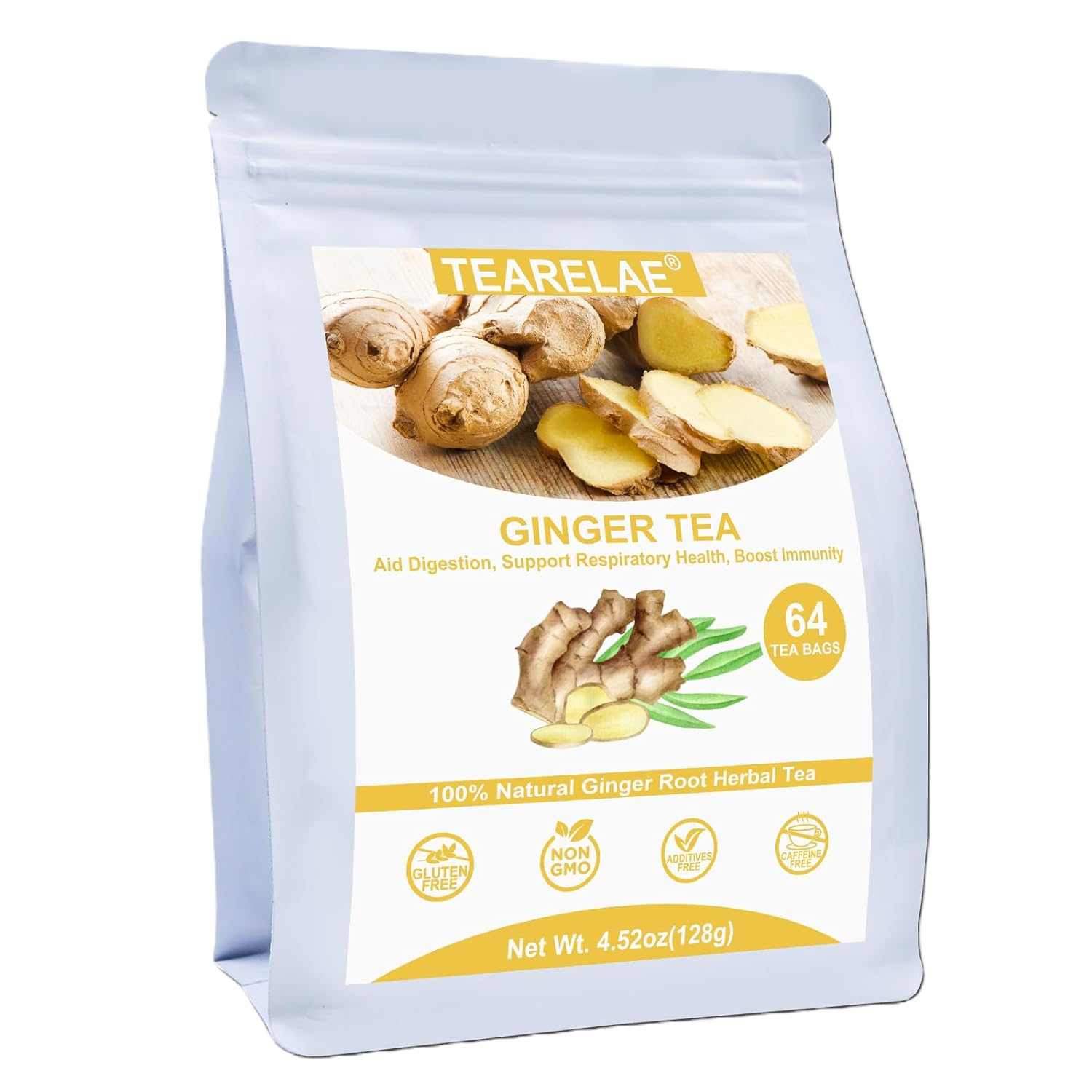 Ginger tea package with ginger slices, 64 tea bags, non-GMO, gluten-free.