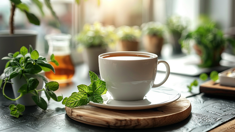 White teacup with mint leaves on a wooden coaster, surrounded by potted plants.