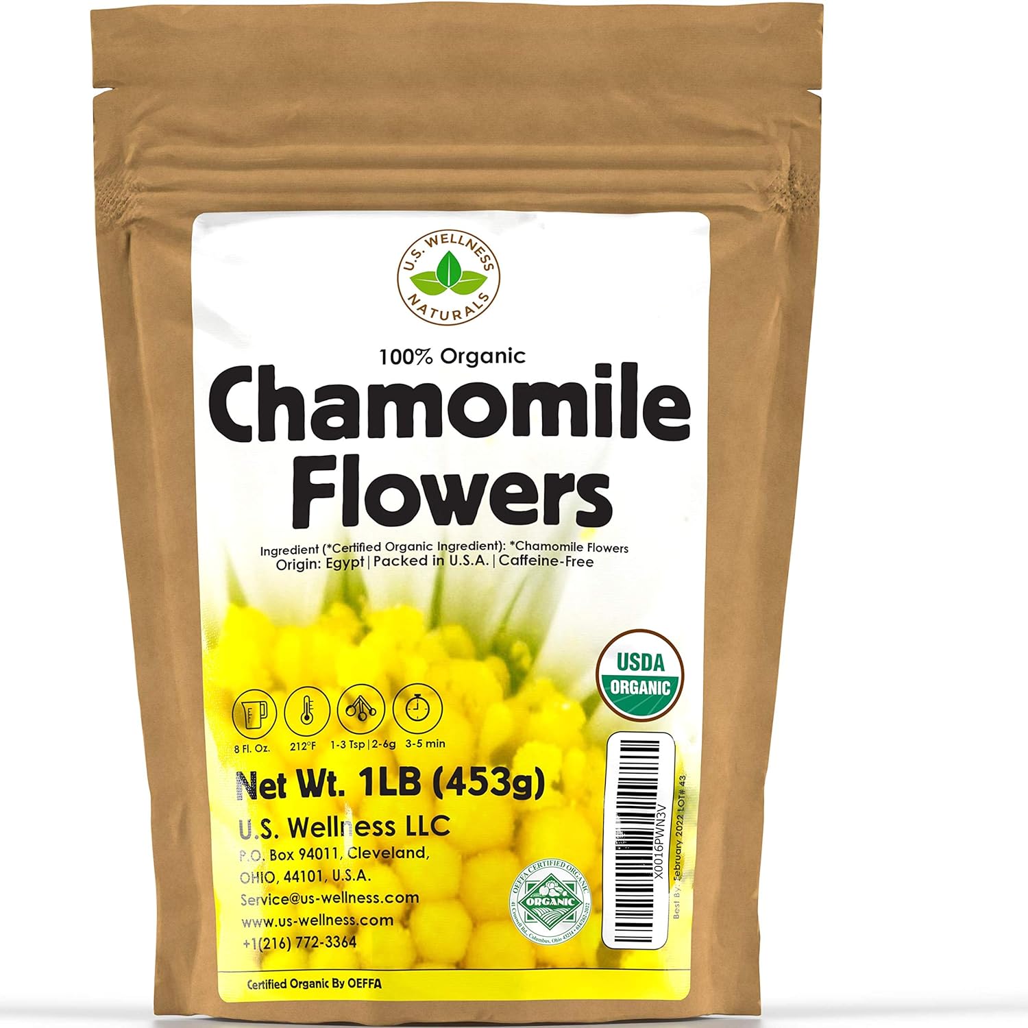 Bag of U.S. Wellness Naturals 100% Organic Chamomile Flowers, 1LB, USDA Organic label.
