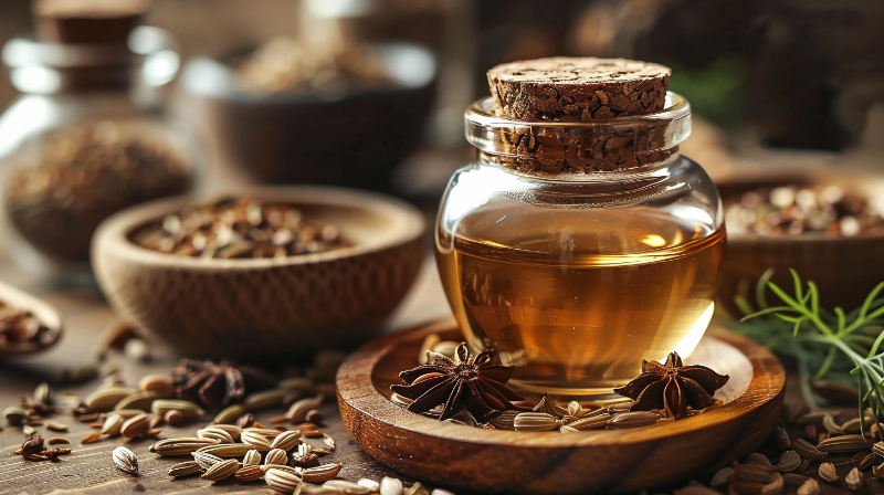 Glass jar of herbal oil with star anise and seeds on a wooden table.