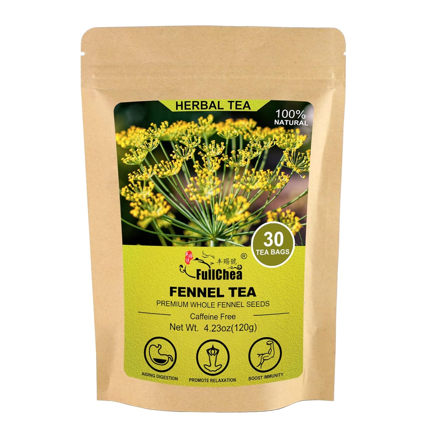 Fennel tea package with herbal image, 30 tea bags, 100% natural, 4.23oz (120g).