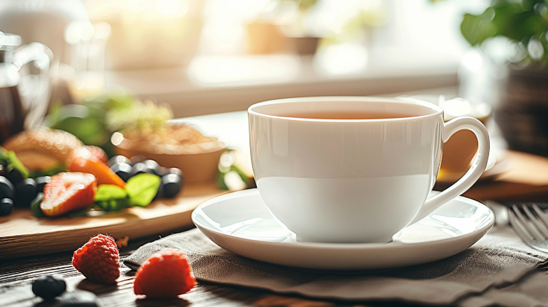 White teacup on a saucer with berries and pastries on a wooden table, sunlight streaming in.