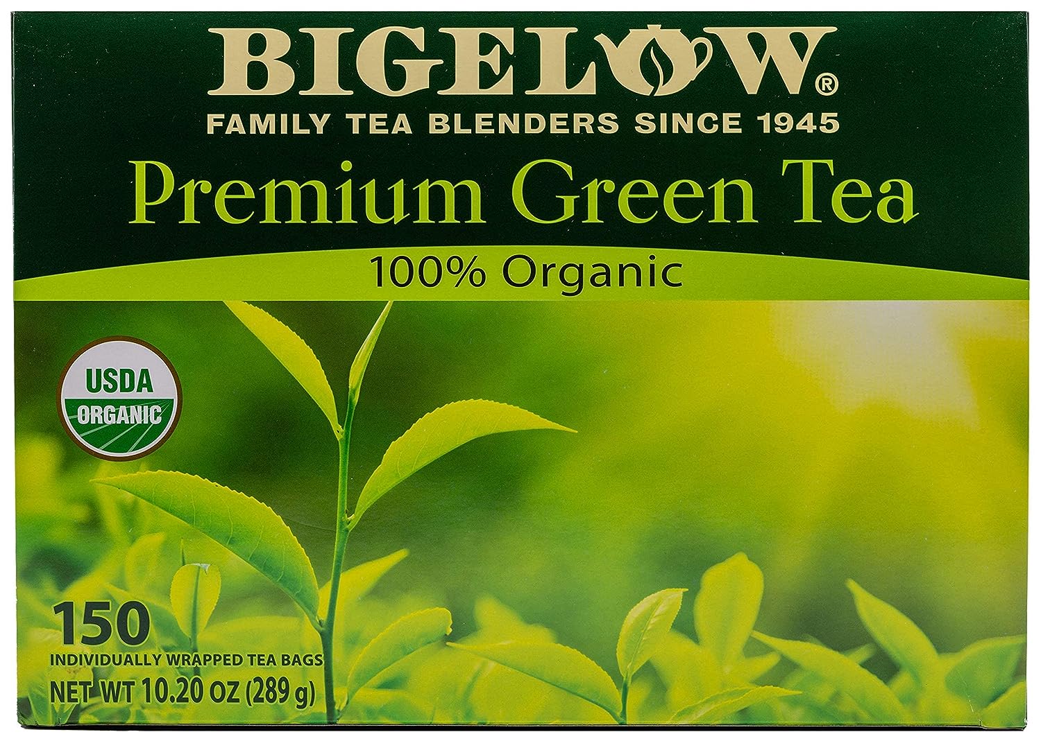 Bigelow Premium Green Tea box, 100% organic, 150 tea bags, USDA Organic label.