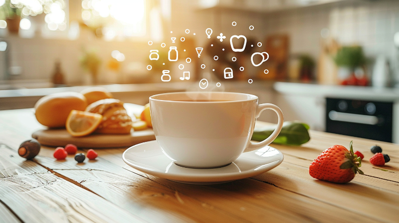 Tea cup on wooden table with fruit and wellness icons floating above.
