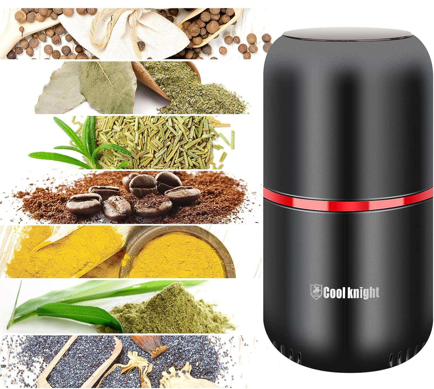 Black Cool Knight grinder with various spices and herbs, including coffee beans, turmeric, and rosemary.