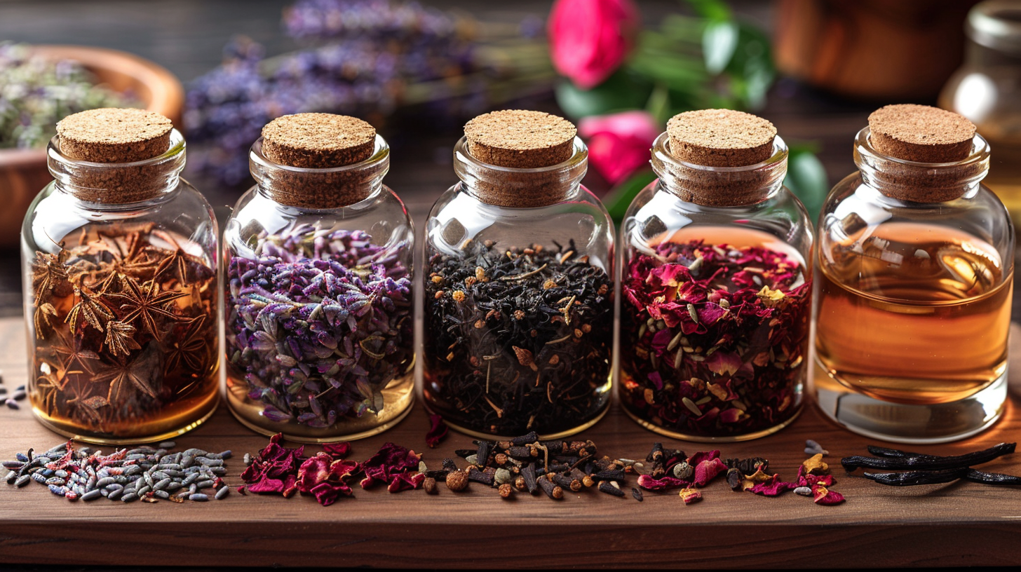 Jars of dried herbs and spices for tea, including star anise, lavender, black tea, rose petals, and a jar of honey.