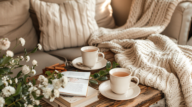 Cozy setting with two cups of tea on a wooden table, surrounded by books, flowers, and a knitted blanket.