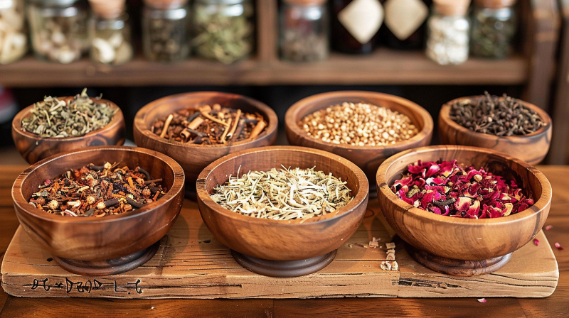 Assorted dried herbs and spices in wooden bowls on a rustic wooden board.