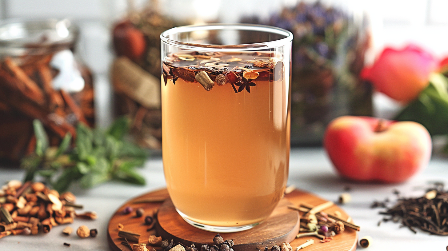 Glass of spiced herbal tea with cinnamon and cloves, surrounded by herbs and an apple.