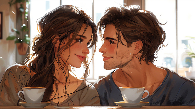 A couple smiling at each other over cups of tea in a sunlit room.