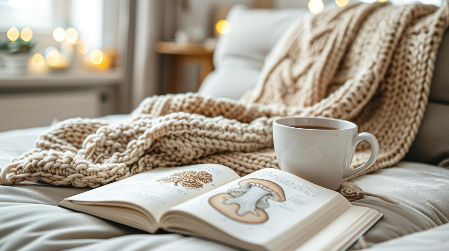 Cozy setting with an open book, a cup of tea, and a knitted blanket on a sofa.