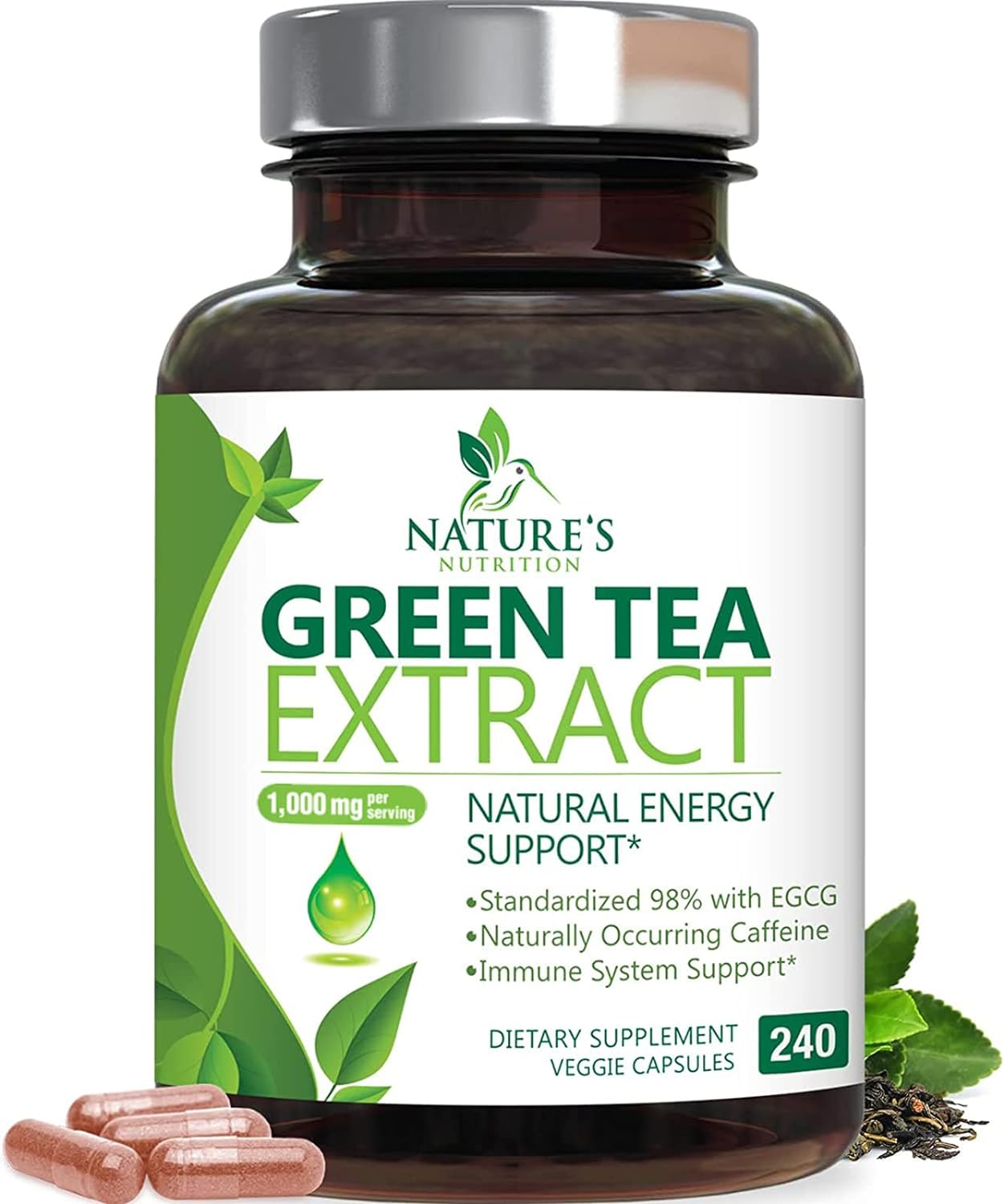 Nature's Nutrition Green Tea Extract bottle with capsules and green leaves.