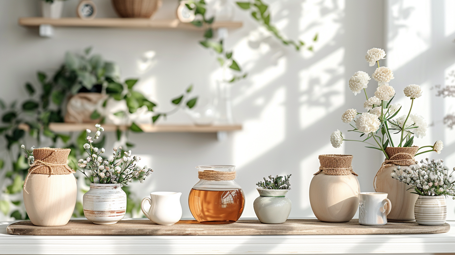 Assorted ceramic jars and vases with flowers and a jar of honey on a wooden shelf, greenery in background.