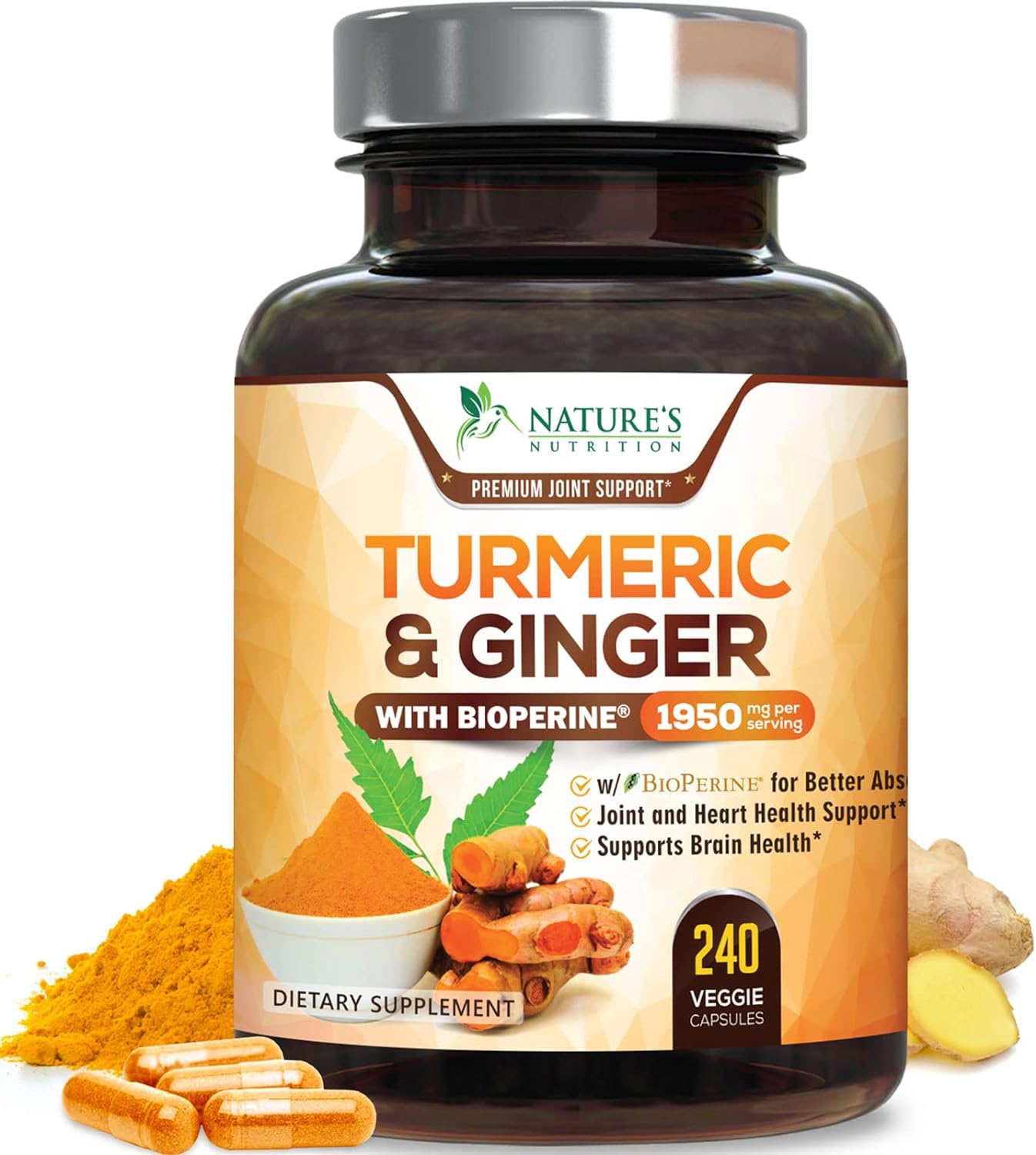 Turmeric & Ginger supplement bottle with 240 veggie capsules, featuring Bioperine for joint and heart health.