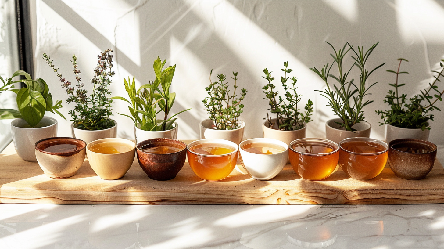 Assorted herbal teas in cups with fresh herbs on a wooden board.