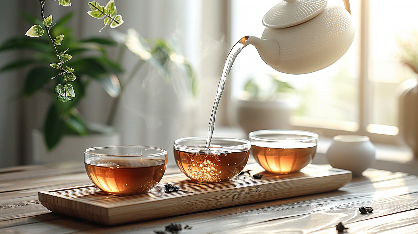 White teapot pouring tea into glass cups on a wooden tray, with plants in the background.