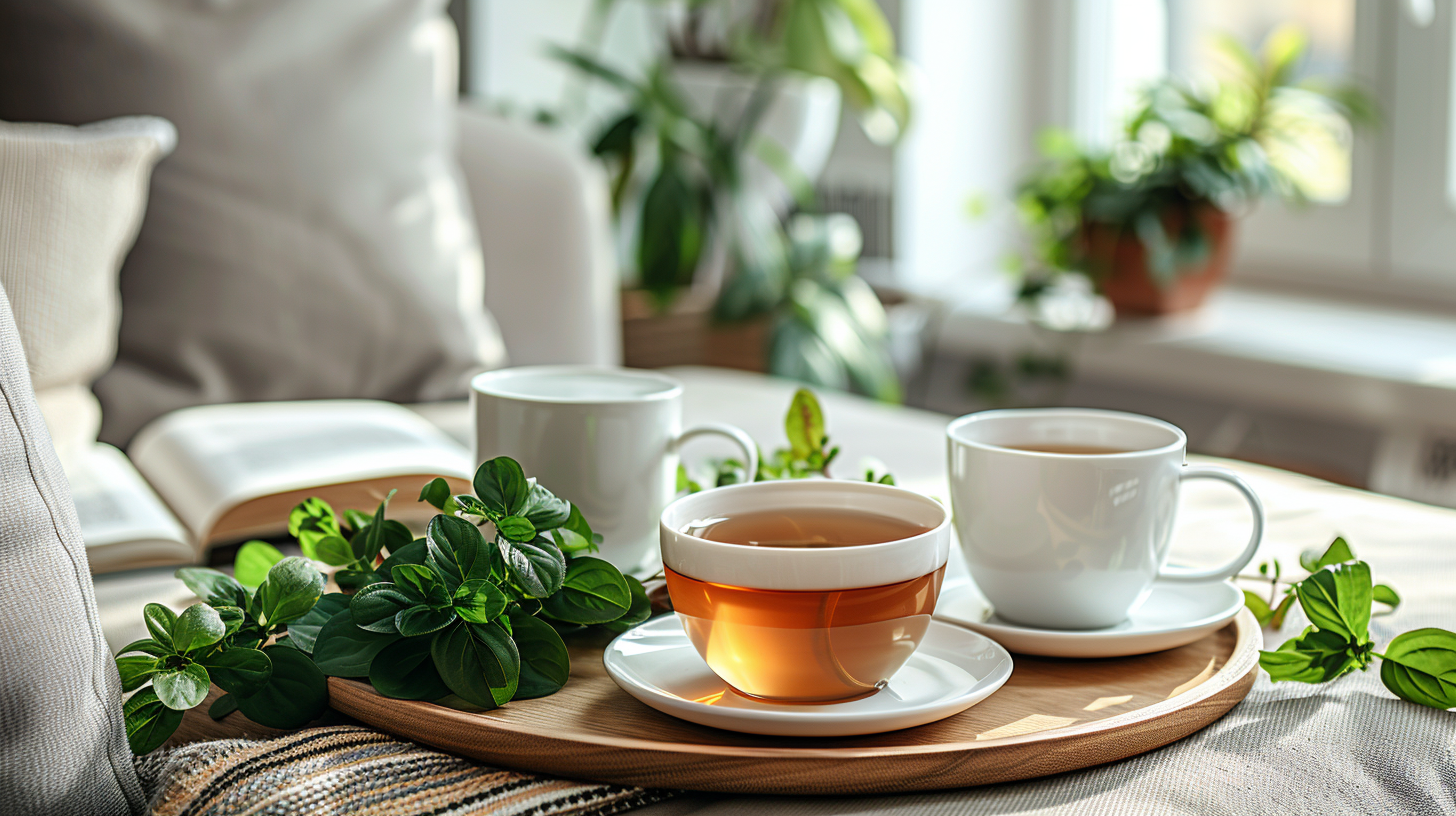 Three cups of tea on a wooden tray surrounded by green plants, with an open book nearby.