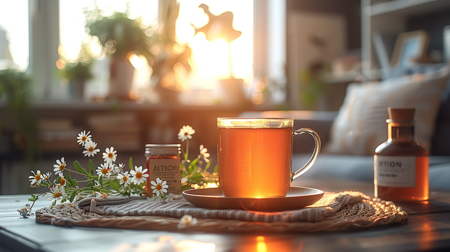 Warm cup of tea with chamomile flowers on a table, sunlight streaming through a window.