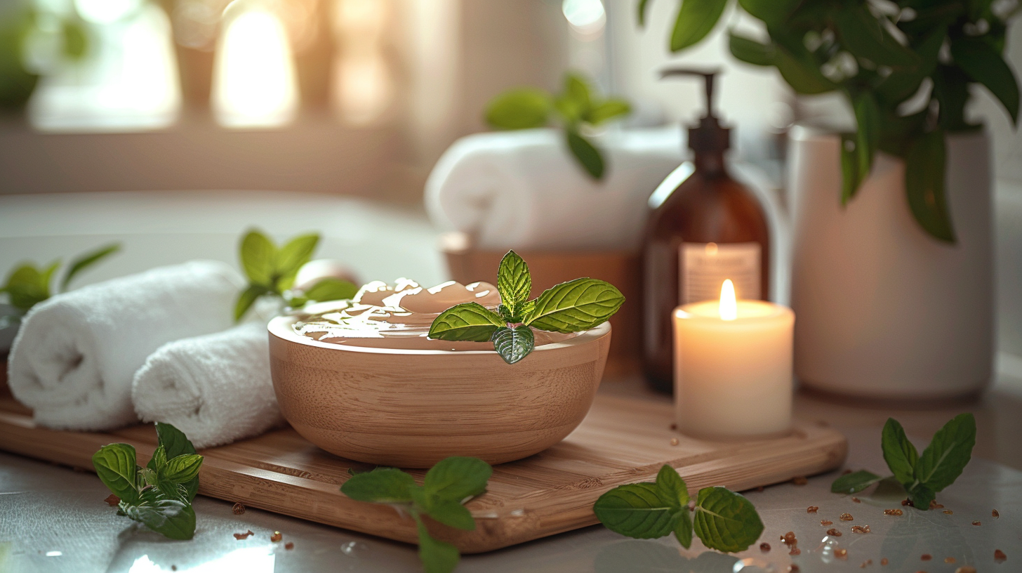 Spa setting with a wooden bowl, mint leaves, rolled towels, a lit candle, and a soap dispenser.