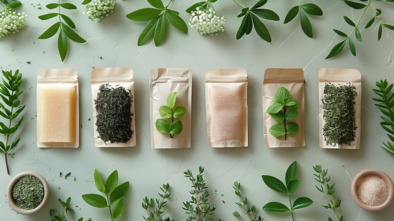 Herbal tea packets surrounded by fresh leaves on a light background.