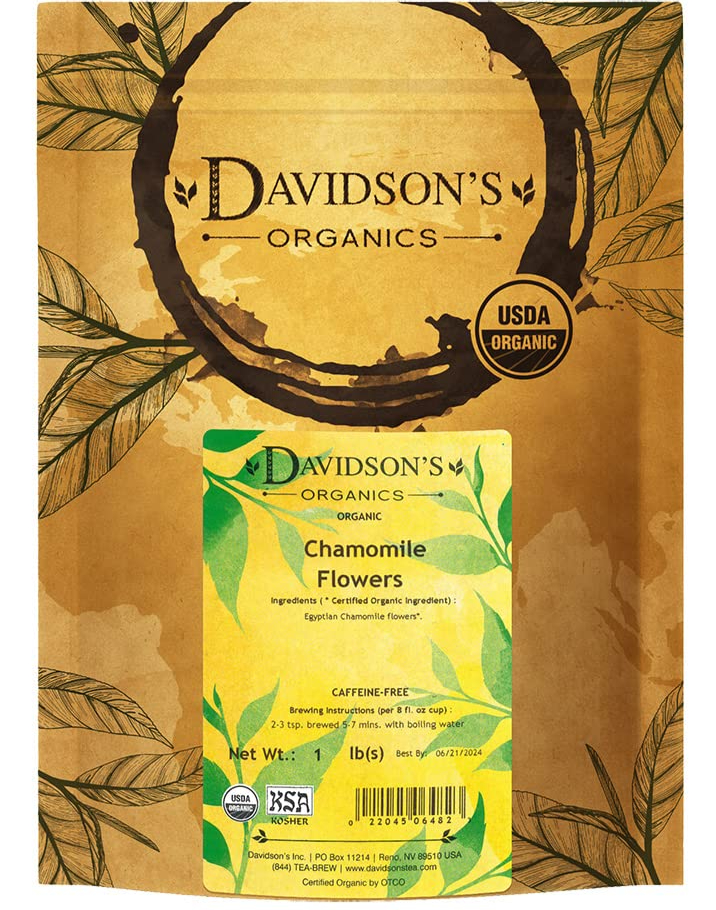 Davidson's Organics Chamomile Flowers tea package, USDA Organic label.