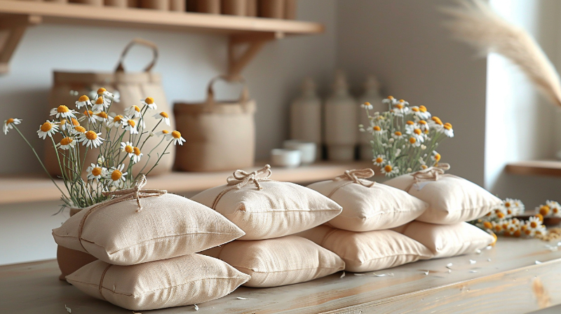 Stacked beige pillows with chamomile flowers on a wooden table, soft lighting.