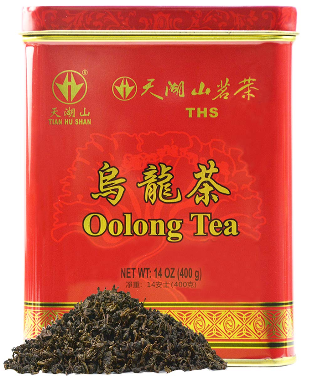 Red tin of Tian Hu Shan Oolong Tea, 14 oz (400g), with Chinese characters.