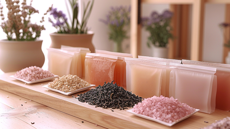 Assorted tea leaves and bath salts with potted plants in a wellness setting.