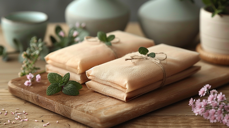 Two wrapped cloth bundles tied with twine on a wooden board, surrounded by herbs and flowers.