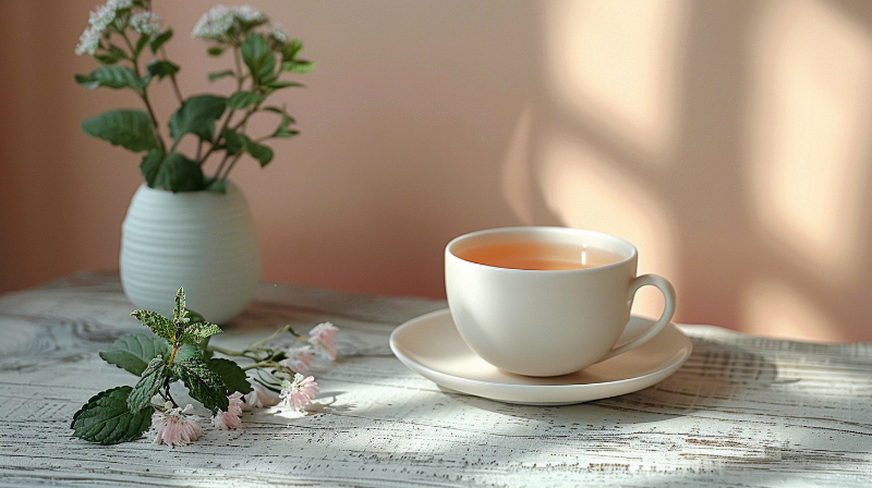 Cup of tea on a wooden table with flowers in a vase, soft sunlight streaming in.