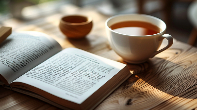 Open book and cup of tea on a sunlit wooden table.