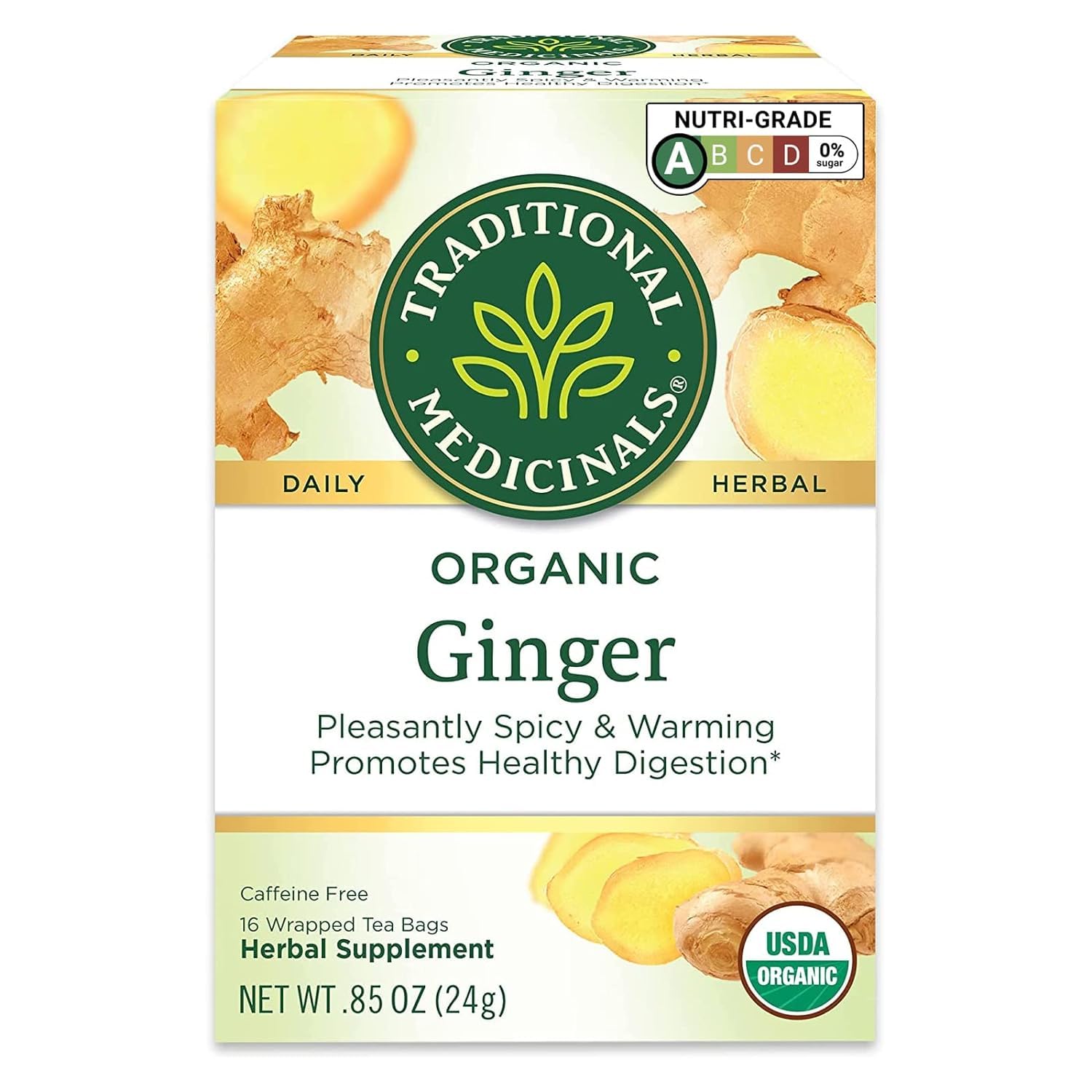 Box of Traditional Medicinals Organic Ginger Tea, 16 bags, caffeine-free, USDA Organic.