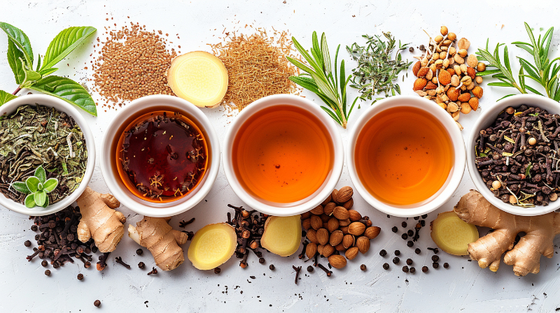 Four cups of herbal tea surrounded by ginger, cloves, almonds, and various herbs.